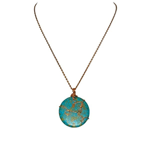 Handmade blue stone pendant wrapped‎ copper wire 20in copper chain necklace